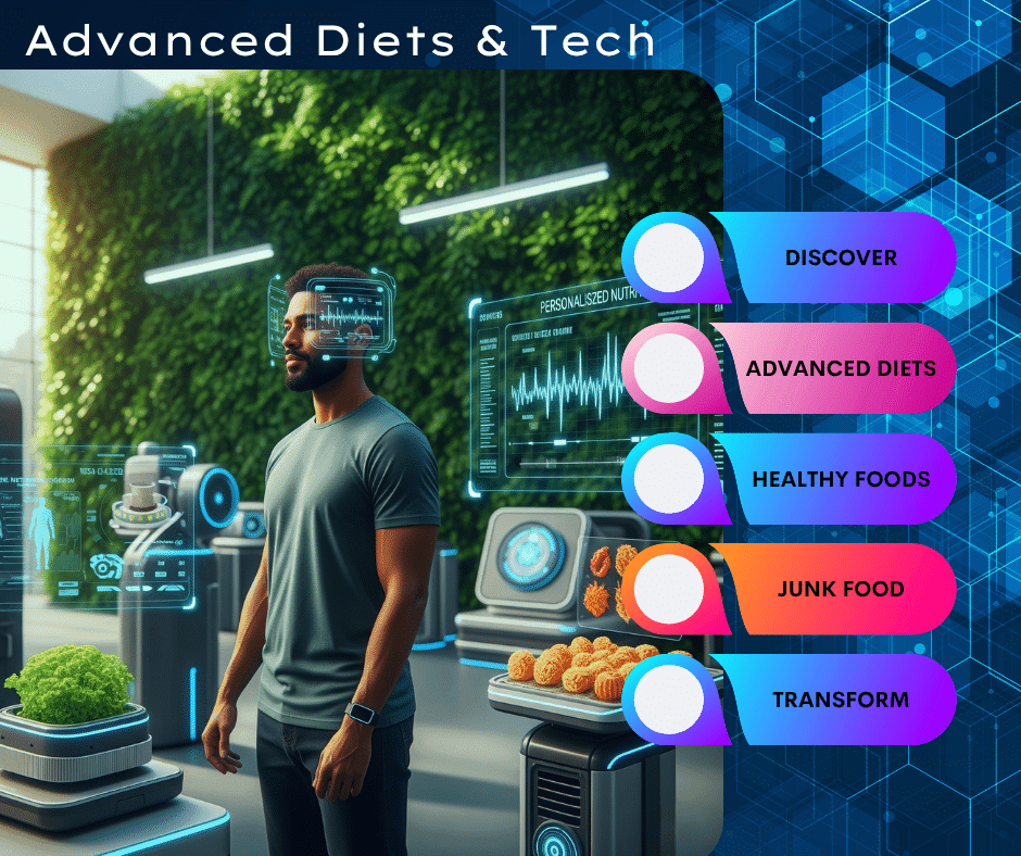 A man in a high-tech biohacking lab with holographic displays showing health data and personalized nutrition, alongside a list featuring "Discover," "Advanced Diets," "Healthy Foods," "Junk Food," and "Transform."