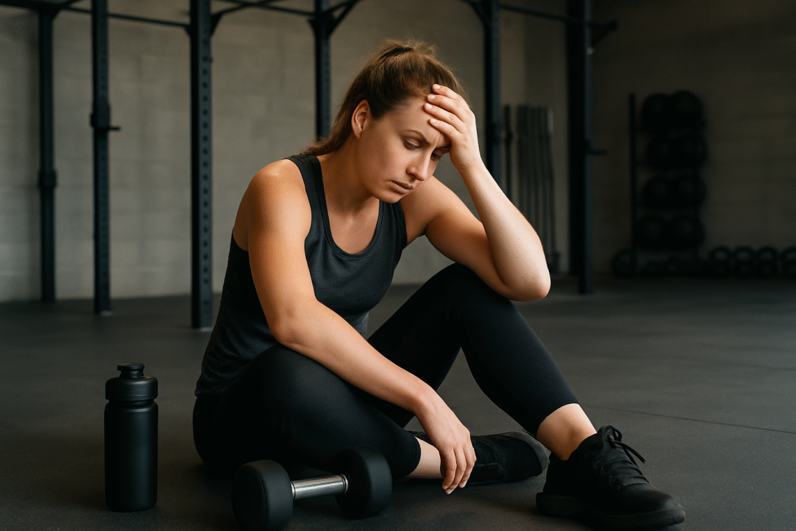Tired woman sitting on gym floor showing signs of training burnout after intense workout