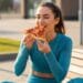 Fit woman enjoying a cheat meal with pizza in workout clothes
