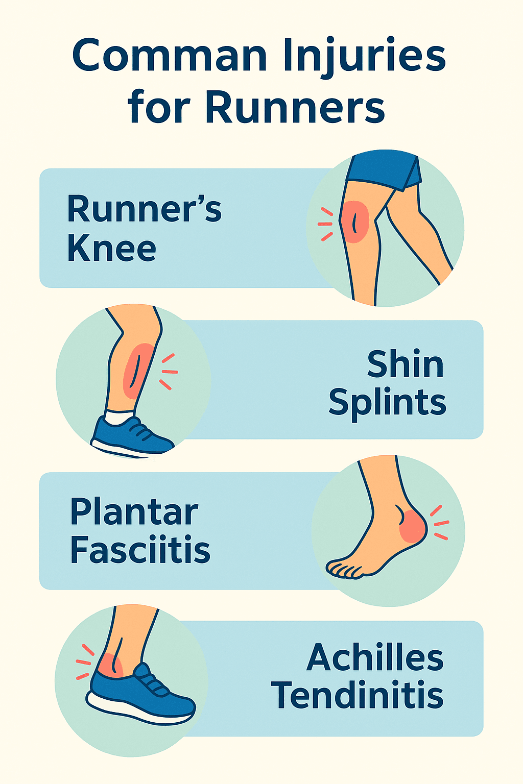 Infographic showing common running injuries including runner’s knee, shin splints, plantar fasciitis, and Achilles tendinitis with prevention tips.