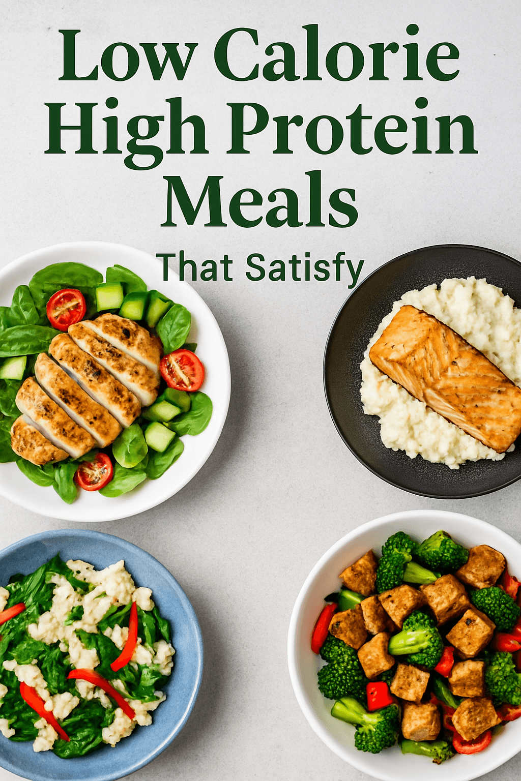 Top-down view of four healthy low calorie high protein meals including grilled chicken salad, salmon with cauliflower mash, tofu stir-fry, and egg white scramble.
