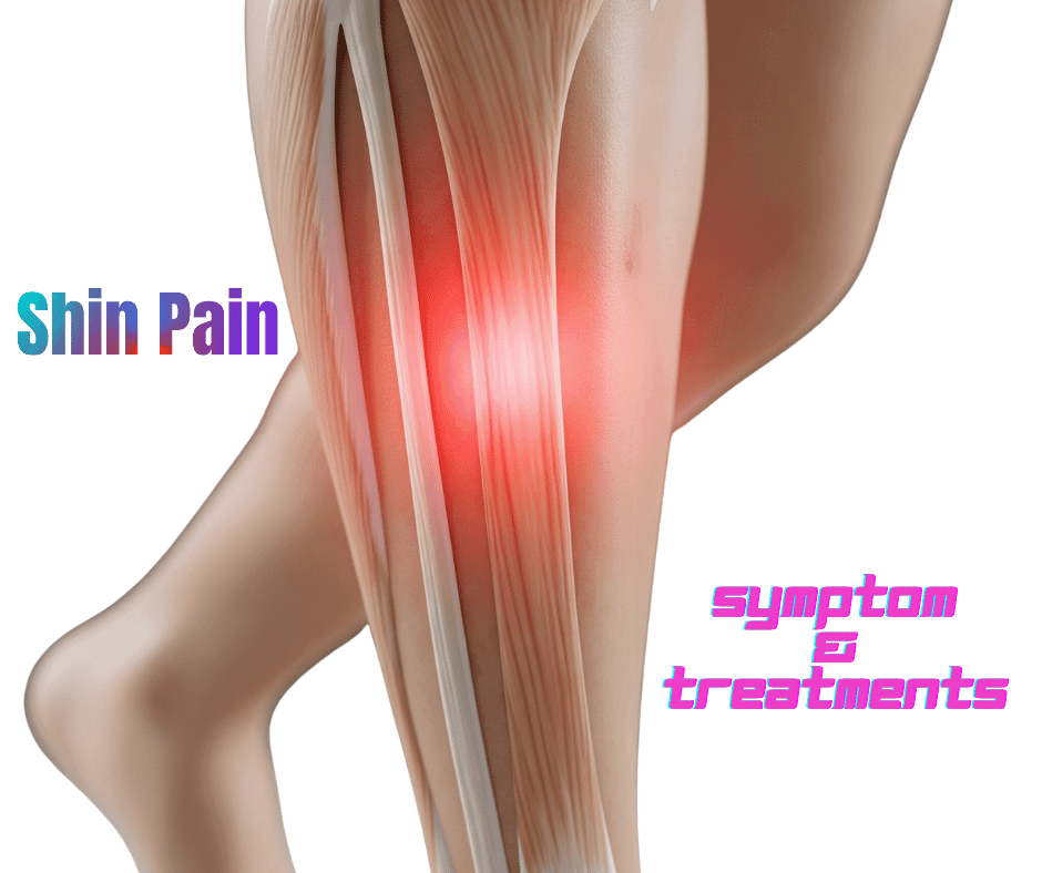 Medical illustration showing shin pain with inflamed muscle and tendon around the tibia. Highlighted red area indicates leg pain or shin splints